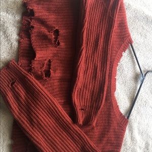Distressed cropped burgundy sweater